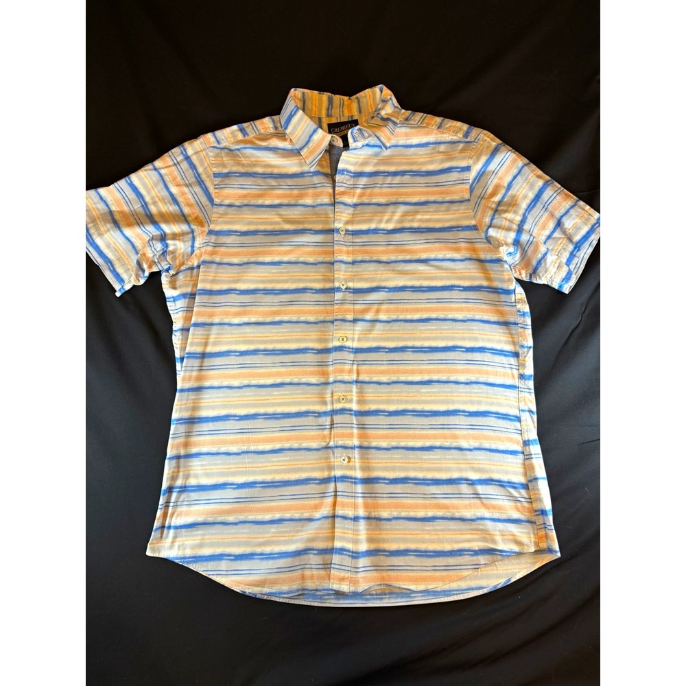 Cremieux Premium Denim Blue Orange Striped Men's Short Sleeve Button Up, Large